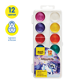 Акварель Мульти-Пульти "Енот в космосе", медовая, 12 цветов (8 перл.+золото+серебро+2 флуор.) без кисти, пластик