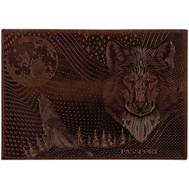 Обложка для паспорта OfficeSpace "Волк", кожа, тиснение, коричневая
