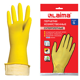 Перчатки МНОГОРАЗОВЫЕ латексные LAIMA "ПРЕМИУМ", хлопчатобумажное напыление, СВЕРХПЛОТНЫЕ, размер 6,5-7, S (малый), желтые, вес 55 г, 600570