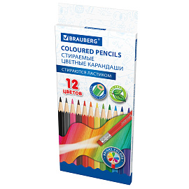 Карандаши цветные стираемые с ластиком BRAUBERG, 12 цветов, шестигранные, 182070 фото Карандаши цветные стираемые с ластиком BRAUBERG, 12 цветов, шестигранные, 182070