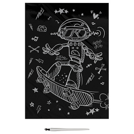 Гравюра с мультицветной основой ТРИ СОВЫ "Робот на скейте", А4 фото Гравюра с мультицветной основой ТРИ СОВЫ "Робот на скейте", А4