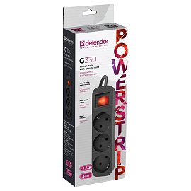 Удлинитель сетевой DEFENDER G330, 3 розетки, c заземлением, выключатель, 10А, длина 3 м, черный, 99334 фото Удлинитель сетевой DEFENDER G330, 3 розетки, c заземлением, выключатель, 10А, длина 3 м, черный, 99334