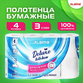Полотенца бумажные 3-слойные, 4 рулона по 11 м (отрыв 1/2 листа), LAIMA Deluxe, 100% целлюлоза, 115400