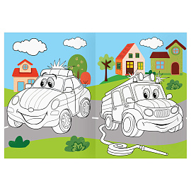 Раскраска с цв. фоном А4, 16 стр., ТРИ СОВЫ "Веселые машинки