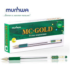 Ручка шариковая масляная с грипом MUNHWA "MC Gold", зеленая, корпус прозрачный, узел 0,5 мм, линия письма 0,3 мм, BMC-04