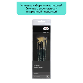 Набор художественных кистей синтетика Гамма "Модерн", 5шт., круглые №3,8, веерная № 6, плоская скошенная №5, круглая №6 французское крепление, блистер