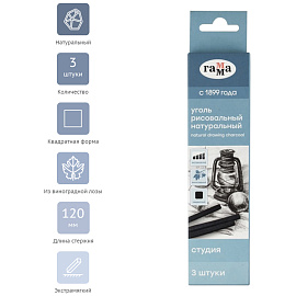 Уголь рисовальный ГАММА "Студия", НАБОР 3 шт., виноградный, экстрамягкий, квадратный, 080219_01