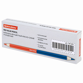 Карандаш двухцветный КРАСНО-СИНИЙ, BRAUBERG, УТОЛЩЕННЫЙ, 1 шт., шестигранный, грифель 4 мм, натуральное дерево, 181262