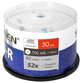 Диск CD-R SONNEN 700 Mb 52x Cake Box (упаковка на шпиле), КОМПЛЕКТ 50 шт., 512570