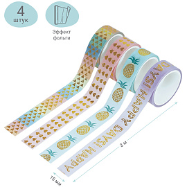 Клейкая лента канцелярская Meshu Happy days декоративная 15 мм х 3 м (4 штуки в упаковке)