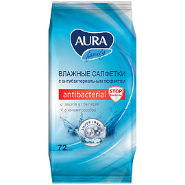 Салфетки влажные, 72 шт., AURA Family, антибактериальные, для всей семьи, 7044