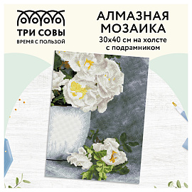 Алмазная мозаика ТРИ СОВЫ "Садовые цветы", 30*40см, холст на деревянном подрамнике, картонная коробка с пластиковой ручкой