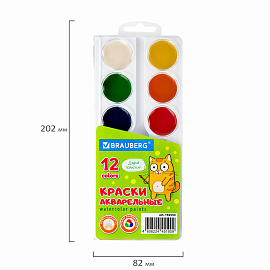 Краски акварельные BRAUBERG 12 цветов "Кот-Энтузиаст", медовые, круглые кюветы, 192553