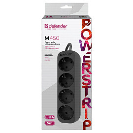 Удлинитель Defender M450, 4 розетки, с заземлением, 5м, черный фото Удлинитель Defender M450, 4 розетки, с заземлением, 5м, черный