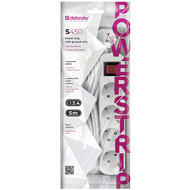 Удлинитель Defender S450, 4 розетки, с заземлением, выключатель, 5м, белый фото Удлинитель Defender S450, 4 розетки, с заземлением, выключатель, 5м, белый
