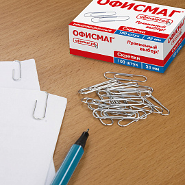 Скрепки ОФИСМАГ, 33 мм, никелированные, 100 шт., в картонной коробке, 225153 фото Скрепки ОФИСМАГ, 33 мм, никелированные, 100 шт., в картонной коробке, 225153