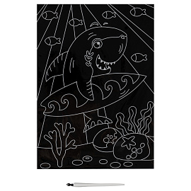 Гравюра с мультицветной основой ТРИ СОВЫ "Акула-серфер", А4 фото Гравюра с мультицветной основой ТРИ СОВЫ "Акула-серфер", А4