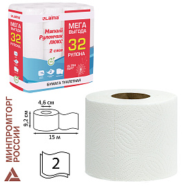 Бумага туалетная 2-х слойная, Mega Pack (32 рулона по 15 метров), LAIMA LUXE, 100% целлюлоза, 115398, 5087443
