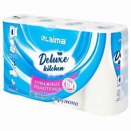 Полотенца бумажные 3-слойные, 4 рулона по 11 м (отрыв 1/2 листа), LAIMA Deluxe, 100% целлюлоза, 115400