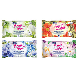 Салфетки влажные Aura Tropic Coctkail освежающие флоупак с мягким клапаном (15 листов в пачке)