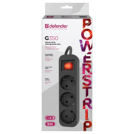 Удлинитель Defender G350, 3 розетки, с заземлением, выключатель, 5м, черный фото Удлинитель Defender G350, 3 розетки, с заземлением, выключатель, 5м, черный