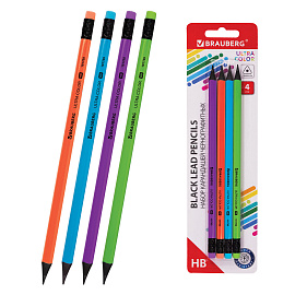 Набор карандашей чернографитных BRAUBERG "ULTRA COLOR" 4 шт., HB, с ластиком, пластиковые, 181709