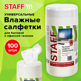 Салфетки для экранов, стекол и пластика универсальные STAFF "EVERYDAY", туба 100 шт., влажные, 512657