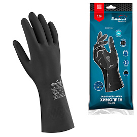 Перчатки КЩС неопреновые Manipula Химопрен NPF09/CG973 с хлопковым напылением черные (размер 10-10.5, XL)