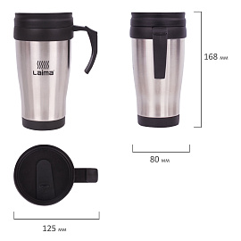 Автокружка 400 мл, термостакан с ручкой, винтовая крышка-клапан, пластик/сталь, серебро, LAIMA, 605126
