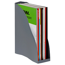 Лоток для бумаг вертикальный СТАММ "Дельта", серый, ширина 85мм фото Лоток для бумаг вертикальный СТАММ "Дельта", серый, ширина 85мм