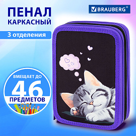 Пенал BRAUBERG, 3 отделения, полиэстер, 21х14 см, "Sleeping kitten", 273538