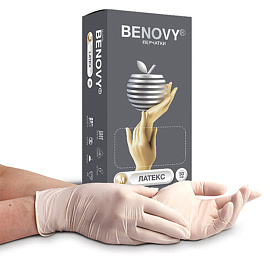 Перчатки медицинские смотровые латексные Benovy текстурированные нестерильные неопудренные размер M (7-8) бежевые (50 пар/100 штук в упаковке)