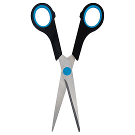 Ножницы OfficeSpace 17,1см, черные с синими вставками, ПВХ чехол с европодвесом