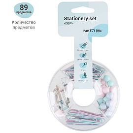 Набор канцелярский Meshu Dew 4 отделения (зажимы для бумаг 19 мм, скрепки канцелярские 28 мм, скрепки канцелярские 50 мм, силовые кнопки)