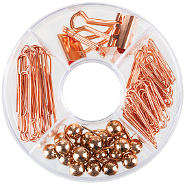 Набор канцелярский Meshu Rose Gold 4 отделения (зажимы для бумаг 19 мм, скрепки канцелярские 28 мм, скрепки канцелярские 50 мм, силовые кнопки)