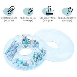 Набор канцелярский Meshu Dew 4 отделения (зажимы для бумаг 19 мм, скрепки канцелярские 28 мм, скрепки канцелярские 50 мм, силовые кнопки)