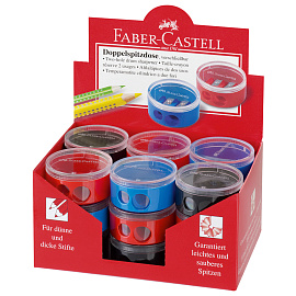 Точилка FABER-CASTELL, 2 отверстия, с контейнером, круглая, пластиковая, красная/синяя, 185418 фото Точилка FABER-CASTELL, 2 отверстия, с контейнером, круглая, пластиковая, красная/синяя, 185418