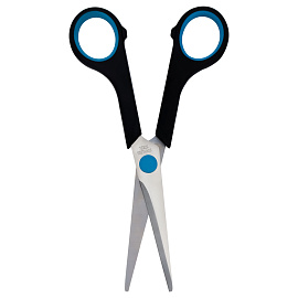 Ножницы OfficeSpace 16см, черные с синими вставками, ПВХ чехол с европодвесом фото Ножницы OfficeSpace 16см, черные с синими вставками, ПВХ чехол с европодвесом