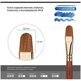 Кисть художественная колонок Гамма "Классика", плоскоовальная №18
