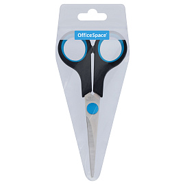 Ножницы OfficeSpace 14см, черные с синими вставками, ПВХ чехол с европодвесом фото Ножницы OfficeSpace 14см, черные с синими вставками, ПВХ чехол с европодвесом