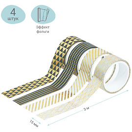 Клейкая лента канцелярская Meshu Golden shine декоративная 15 мм х 3 м (4 штуки в упаковке)