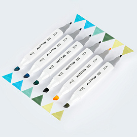 Набор двусторонних маркеров для скетчинга MESHU 06цв., морские цвета, корпус трехгранный, пулевид./клиновид.наконечники, ПВХ-бокс