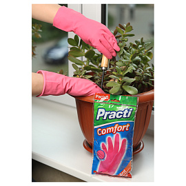 Перчатки латексные Paclan Practi Comfort с хлопковым напылением розовые (размер 7-8, M)