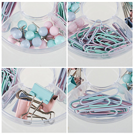 Набор канцелярский Meshu Dew 4 отделения (зажимы для бумаг 19 мм, скрепки канцелярские 28 мм, скрепки канцелярские 50 мм, силовые кнопки)