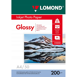 Фотобумага для цветной струйной печати Lomond односторонняя (глянцевая, А4, 200 г/кв.м, 50 листов, артикул производителя 0102020)