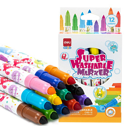 Фломастеры Deli Super Washable Marker 12 цветов с вентилируемыми колпачками смываемые