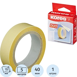 Клейкая лента канцелярская Kores прозрачная двусторонняя 15 мм x 5 м