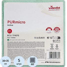 Салфетки хозяйственные Vileda Professional ПУРмикро Актив микрофибра 38x35 см 260 г/кв.м зеленые (5 штук в упаковке)