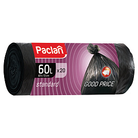Мешки для мусора на 60 л Paclan черные (ПНД, 7.4 мкм, в рулоне 20 шт, 60х70 см)