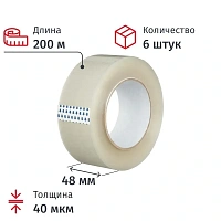 Клейкая лента односторонняя упаковочная 48 мм х 200 м 40 мкм прозрачная (6 штук в упаковке)
